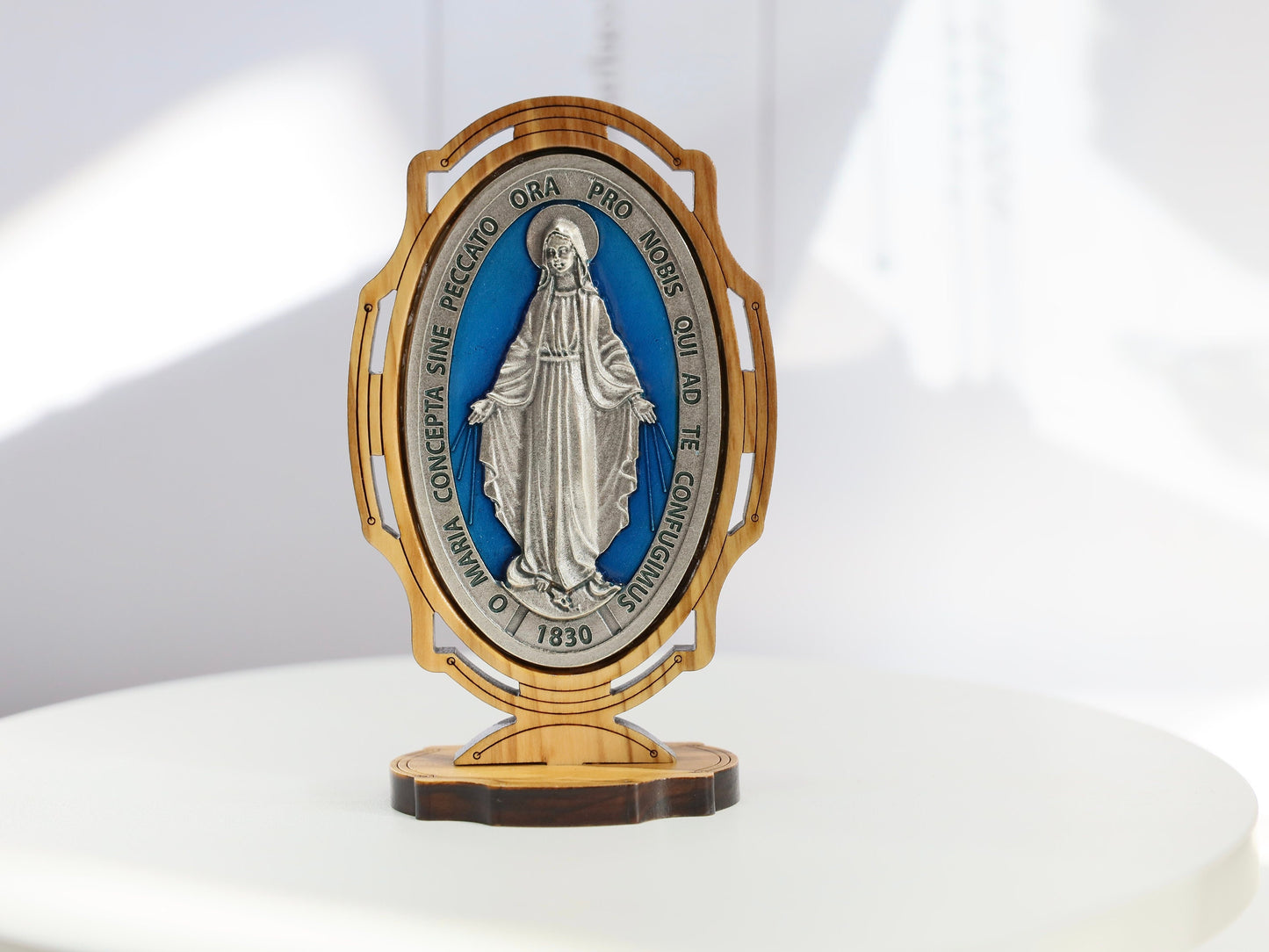 Italian-Made Miraculous Medal Tabletop Stand - Silver Plated Alloy & Olive Wood, small Miraculous Medal table stand