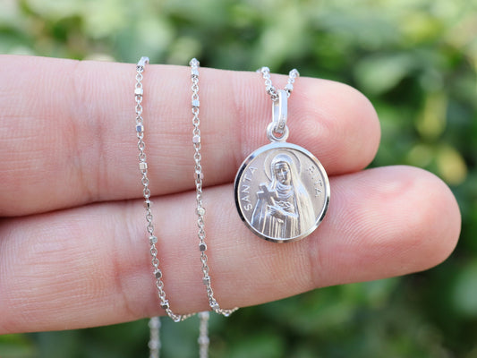 Small St Rita sterling silver round medal, silver necklace of Saint Rita, fine jewelry of catholic Saint ,St Rita silver necklace for lady