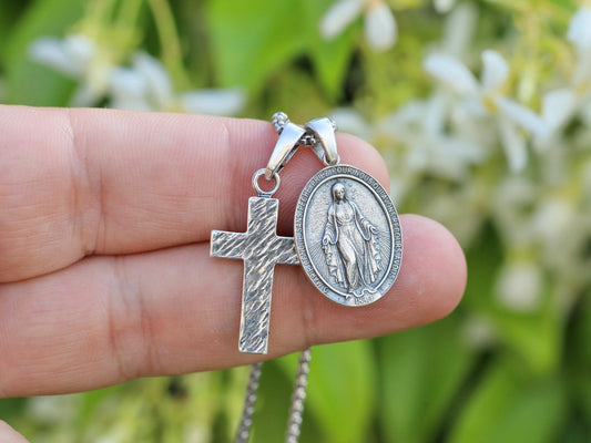 Men's Sterling Silver Miraculous Medal Pendant with Cross (Oxidized Silver for Antique Look) - chain is optional