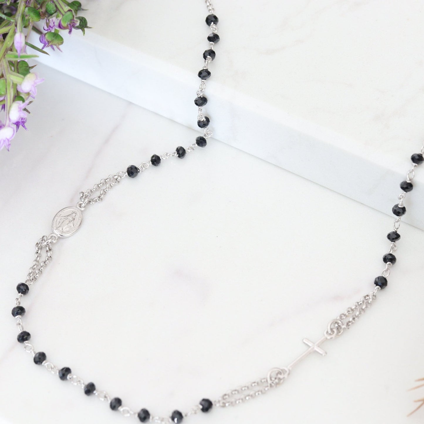 Black tourmaline rosary necklace for women,sterling silver 925 rosary necklace with Miraculous Medal, 20 inch black onyx  rosary necklace