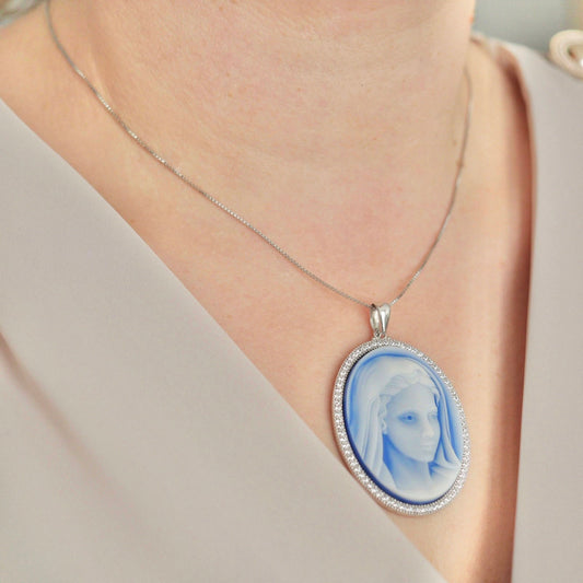 Queen of Peace pendant ,sterling silver 925, Blue cameo style necklace, Virgin Mary pendant for catholic women, gift for mum from Medjugorje