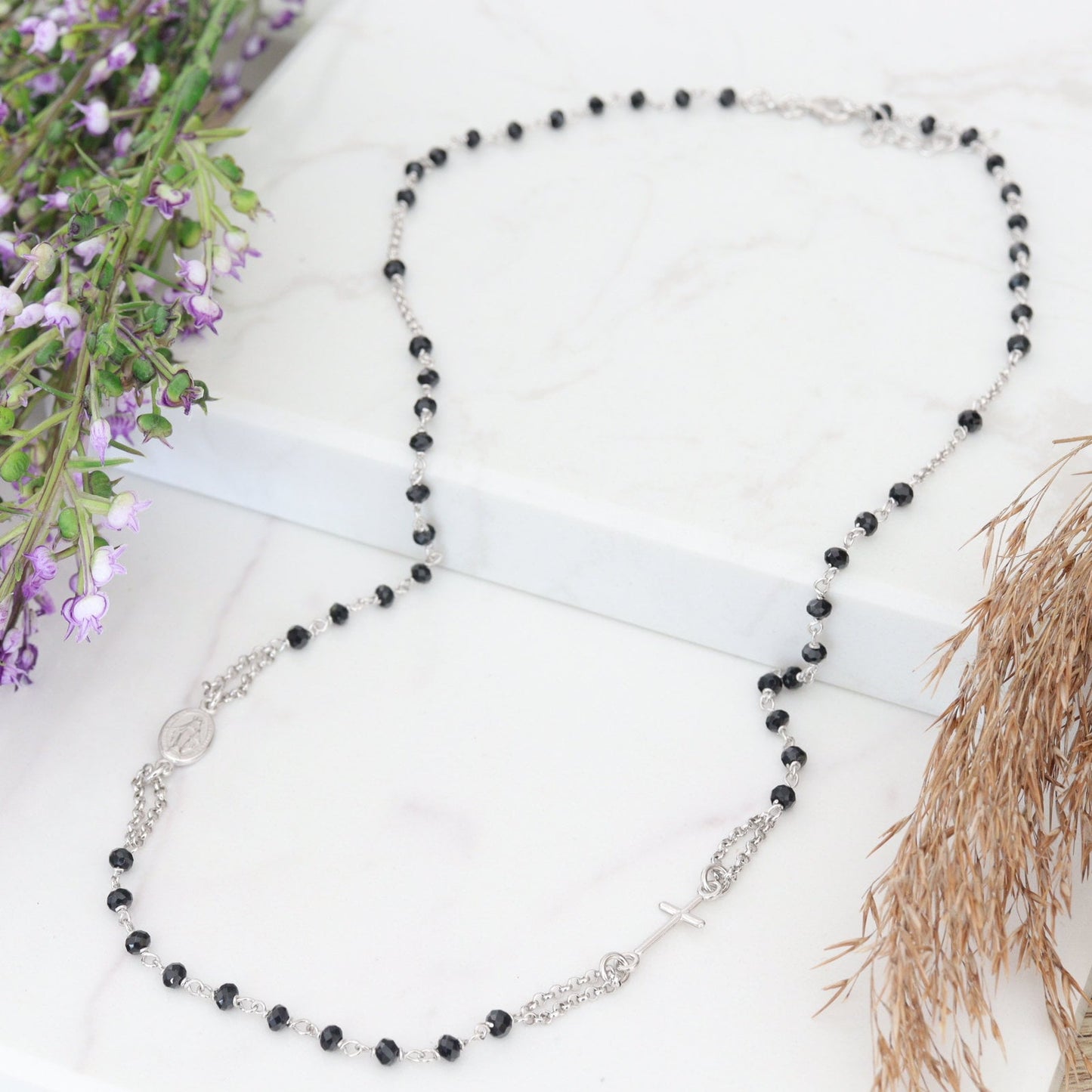 Black tourmaline rosary necklace for women,sterling silver 925 rosary necklace with Miraculous Medal, 20 inch black onyx  rosary necklace