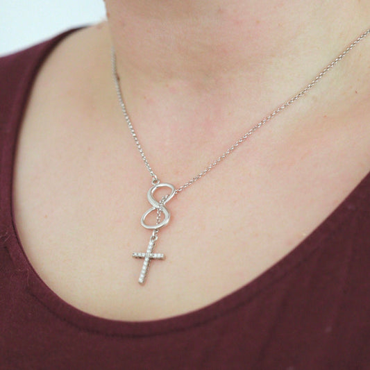 Sterling silver cross necklace with infinity charm, Medjugorje 18 inch cross sterling silver necklace for ladies, dainty minimalist necklace