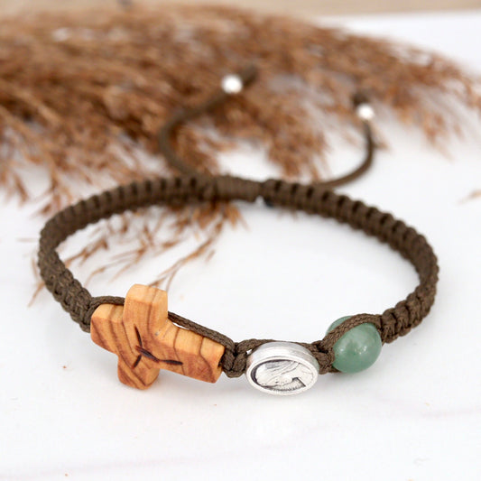 Pulsera cruzada, pulsera cruzada de madera de olivo tejida a mano, pulsera verde militar, pulsera tejida Nuestra Señora, pulsera cruzada con Virgen María