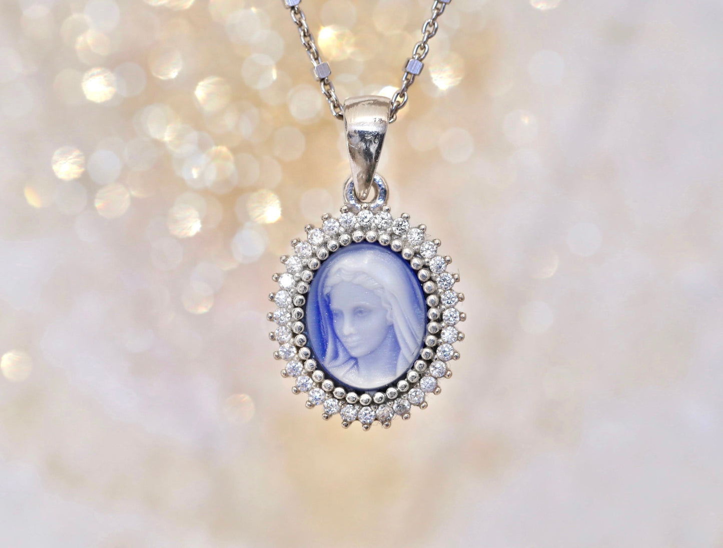 Medjugorje medal, Virgin Mary pendant, sterling silver 925, blue cameo medal, blue Virgin Mary medal for women,small gift for teenage girls