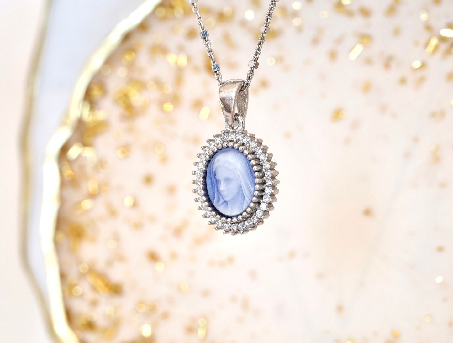 Medjugorje medal, Virgin Mary pendant, sterling silver 925, blue cameo medal, blue Virgin Mary medal for women,small gift for teenage girls