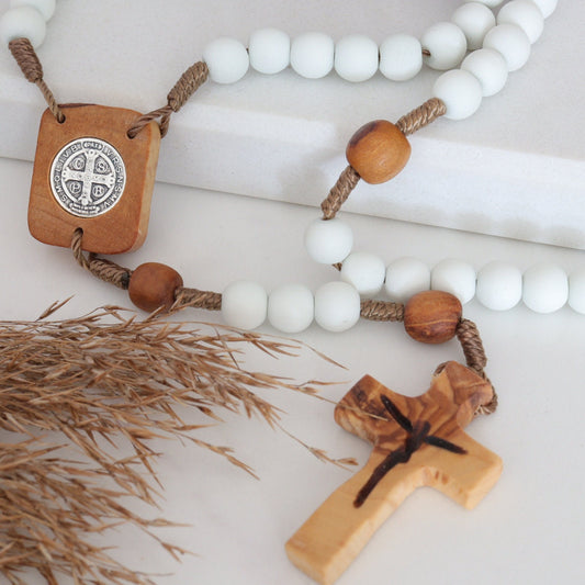 Medjugorje white rosary beads with Our Lady-Devine Mercy medal, hand made rosary beads from Medjugorje, olive wood Medjugorje rosary beads