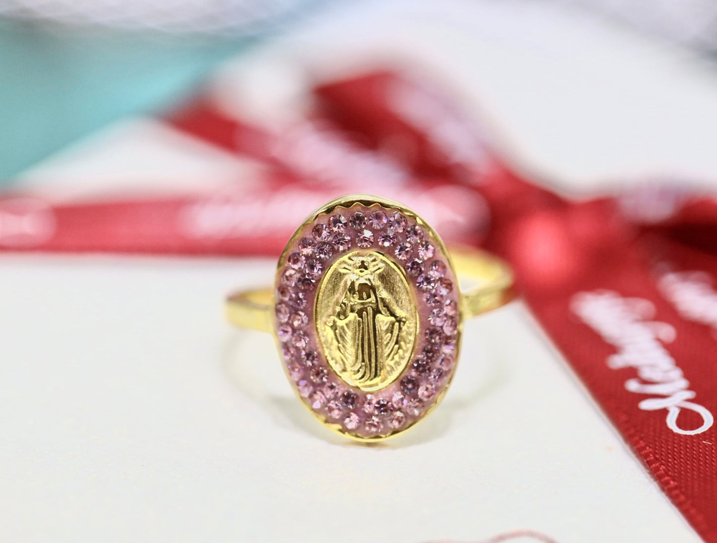 Anillo de acero inoxidable relleno de oro Nuestra Señora de Gracia, anillo de tamaño ajustable con la Virgen María, anillo de oro Medalla Milagrosa con circonio cúbico