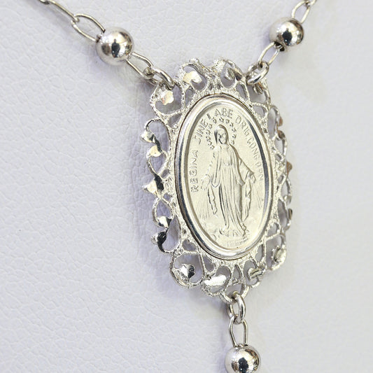 Sterling silver Miraculous Medal filigree rosary necklace,filigree rosary beads for lady,Our Lady of Grace silver rosary with filigree medal