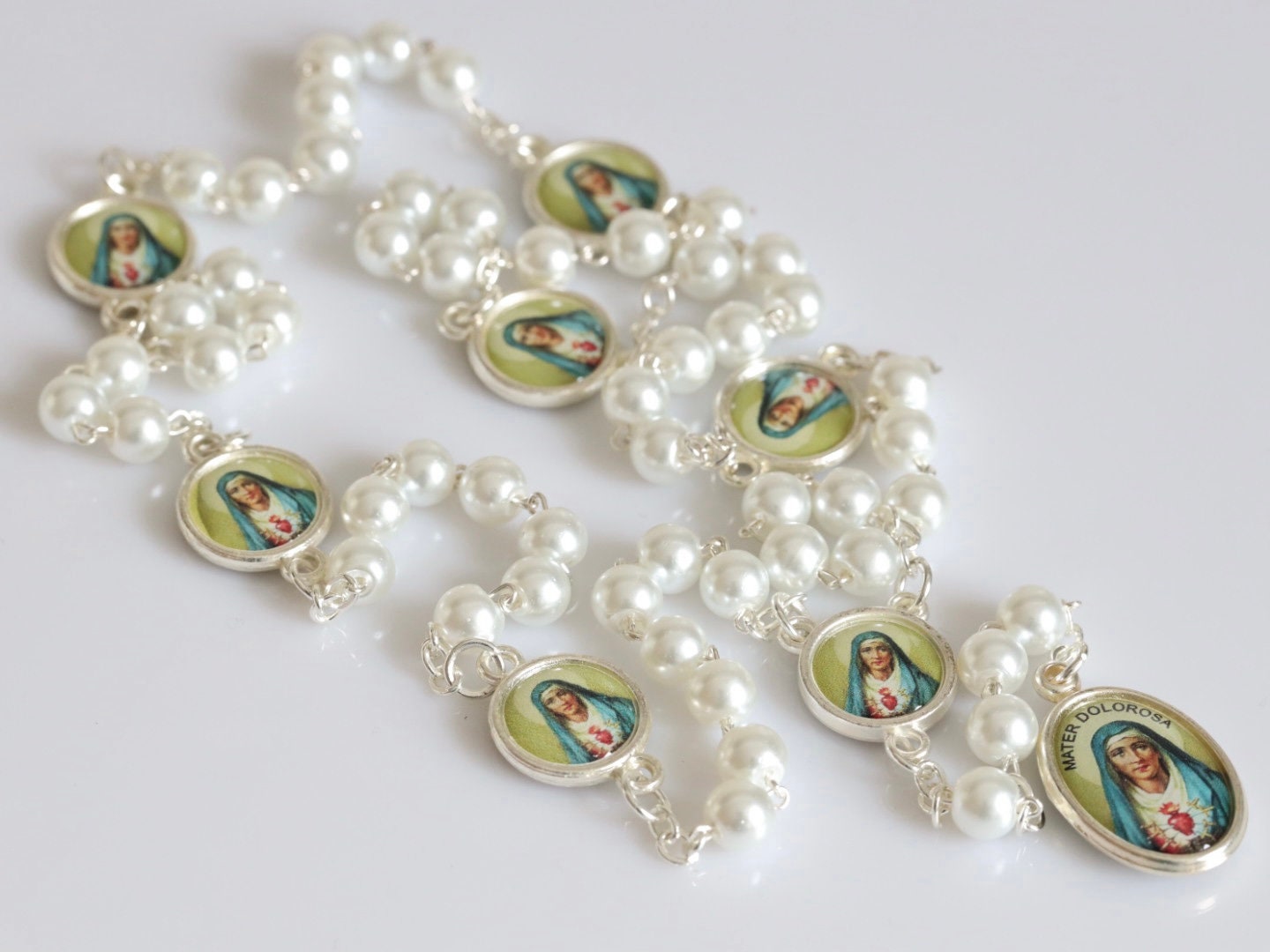 Rosary of the Seven Sorrows of Mary, white pearl rosary beads, beaded rosary , catholic rosary, sorrowful rosary beads,  our lady of sorrows