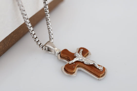 Cruz de madera, cruz de plata de ley con madera de olivo, collar crucifijo para hombre, collar cruz, cruz de madera hecha a mano, regalo para hombre católico