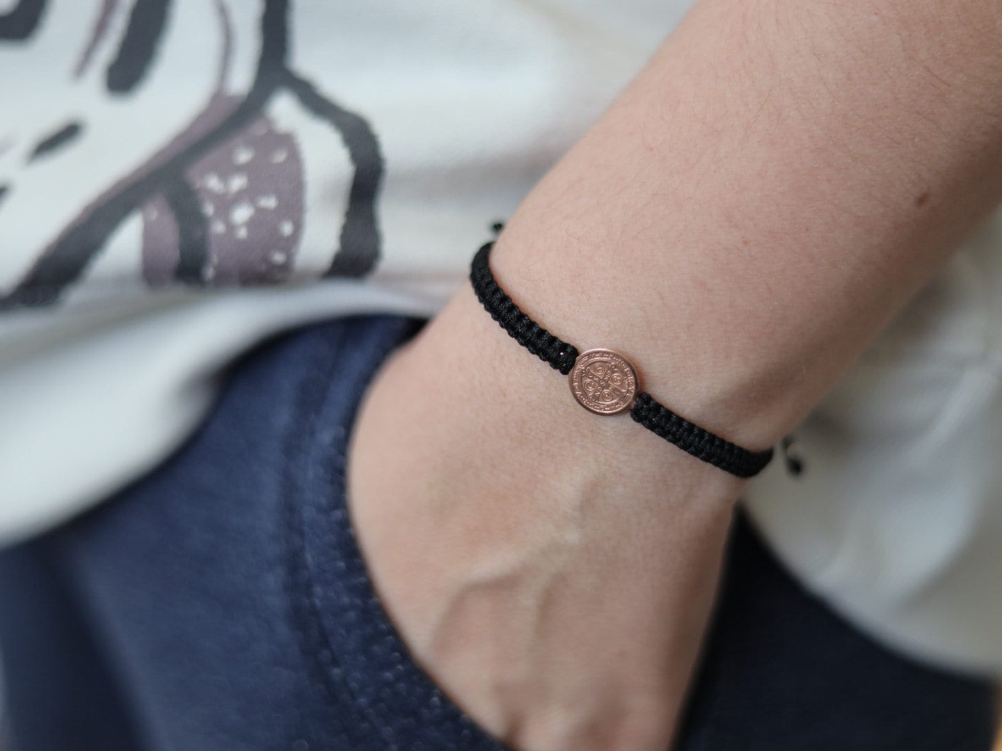 Saint Benedict sterling silver handmade bracelet,miniature macramé St Benedict medal bracelet,dainty adjustable red gold St Benedict  cross