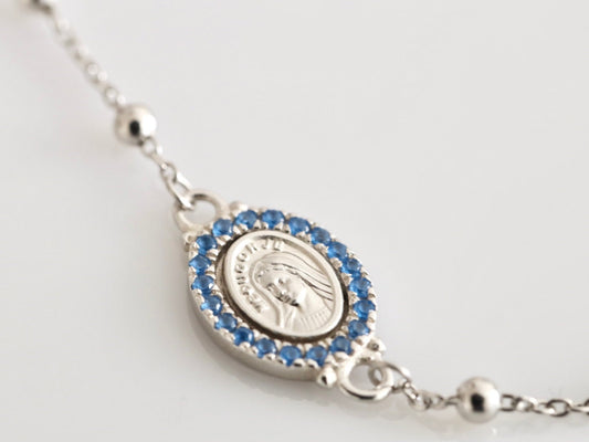 Medjugorje Rosenkranz Halskette, Sterling Silber 925 Halskette mit Medaille der Königin des Friedens, Perlenrosenkranz mit blauem Zirkonium, Halskette für Katholiken