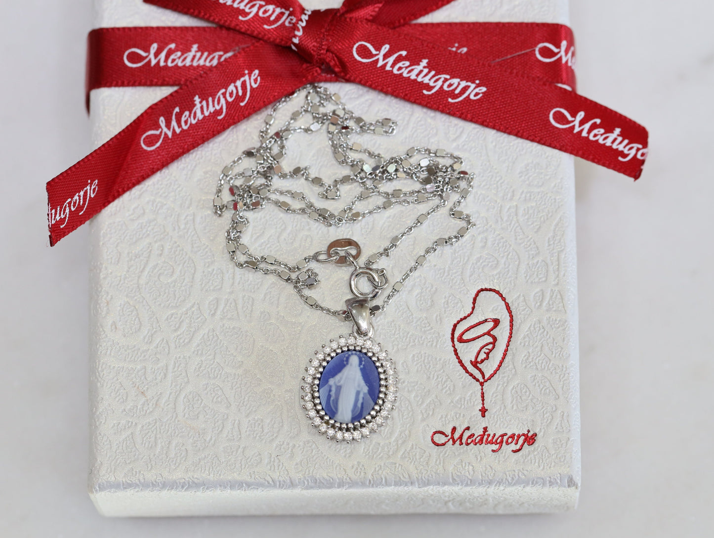 Our Lady of Grace cameo medal,sterling silver Virgin Mary cameo,Medjugorje cameo pendant, blue agate Mother Mary pendant with cubic zirconia