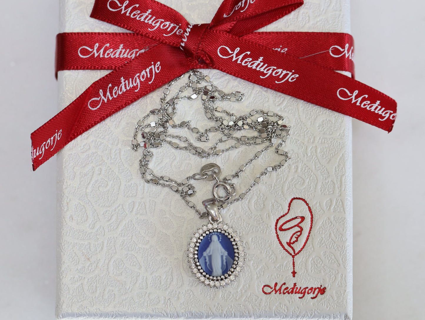 Our Lady of Grace cameo medal,sterling silver Virgin Mary cameo,Medjugorje cameo pendant, blue agate Mother Mary pendant with cubic zirconia