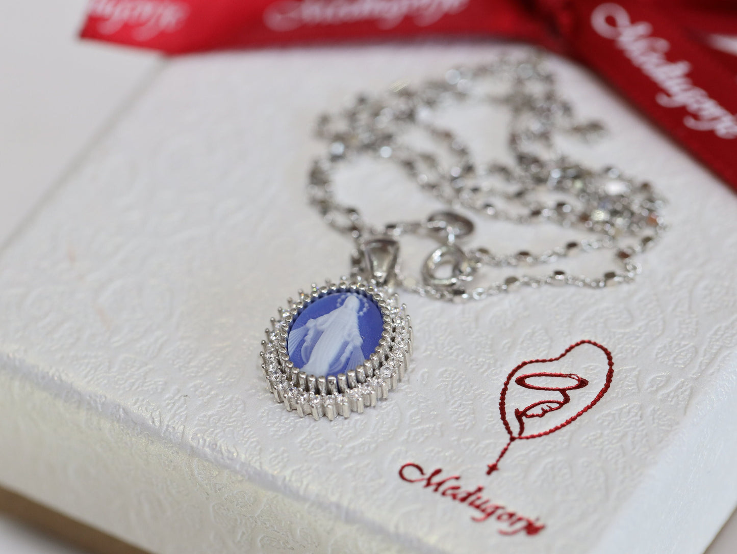 Our Lady of Grace cameo medal,sterling silver Virgin Mary cameo,Medjugorje cameo pendant, blue agate Mother Mary pendant with cubic zirconia