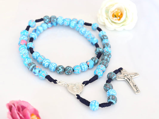 Blue fimo rosary beads, Medjugorje rosary with flowers, Medjugorje rosary necklace, clay rosary beads, rosary beads with flower,kids rosary