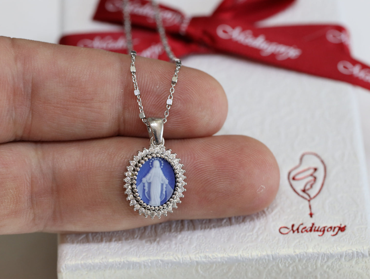 Our Lady of Grace cameo medal,sterling silver Virgin Mary cameo,Medjugorje cameo pendant, blue agate Mother Mary pendant with cubic zirconia