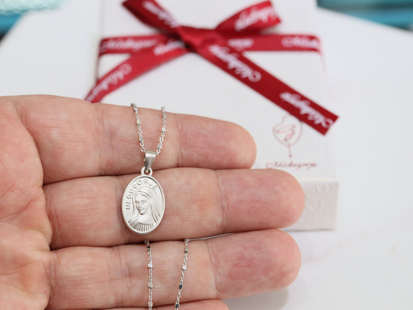 Medjugorje medal, Queen of Peace medal, Virgin Mary pendant, sterling silver 925 Mother Mary medal, oval medal of Our Lady, simple medal