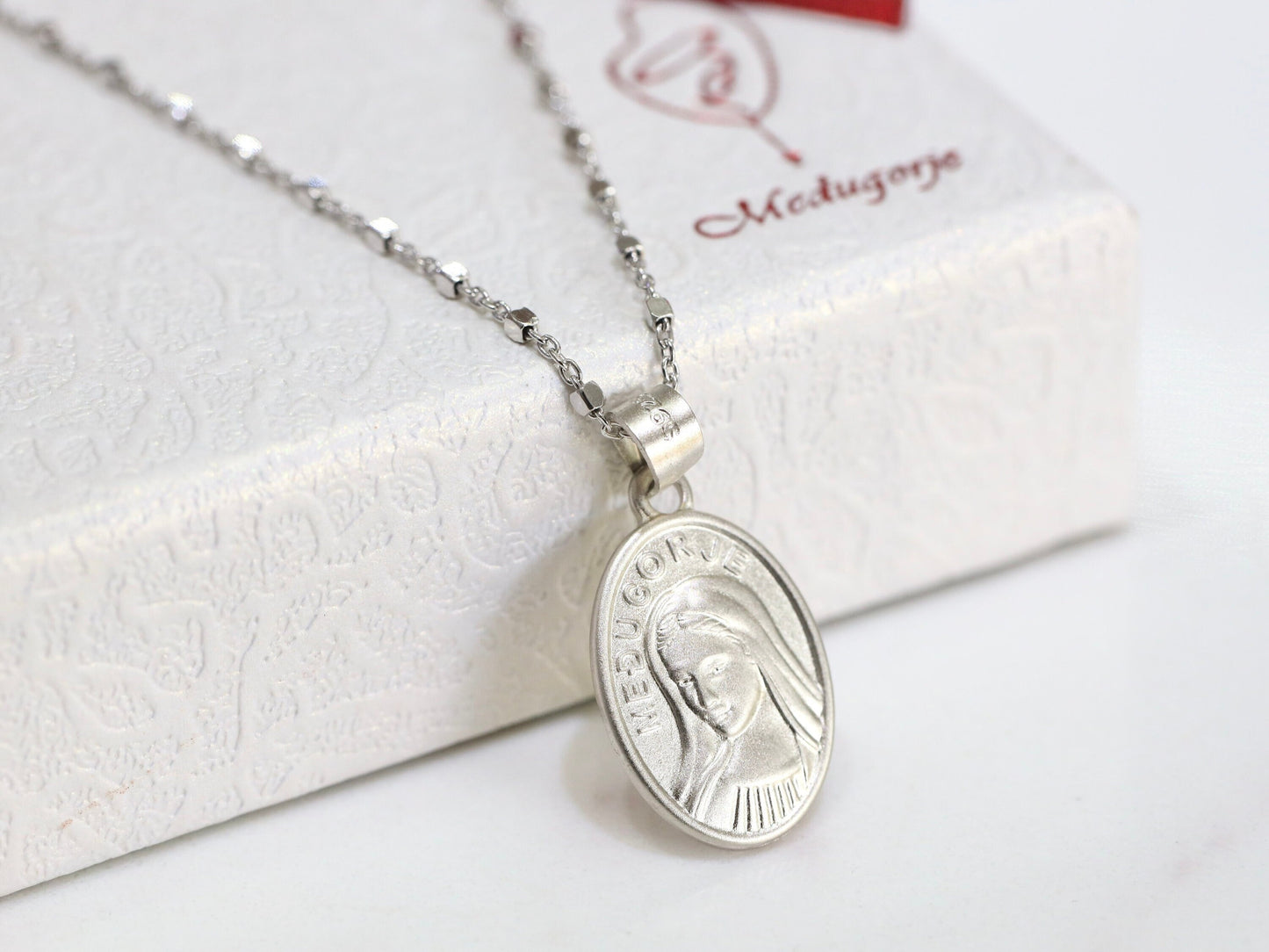 Medjugorje medal, Queen of Peace medal, Virgin Mary pendant, sterling silver 925 Mother Mary medal, oval medal of Our Lady, simple medal