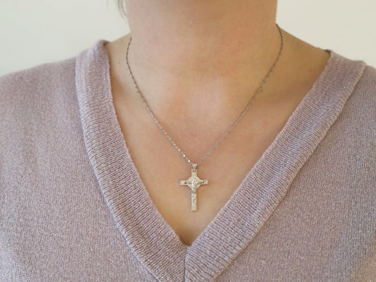 Sterling silver 925 Saint Benedict cross, Cross necklace, Holy Father Benedict crucifix, catholic cross necklace for women, protection cross