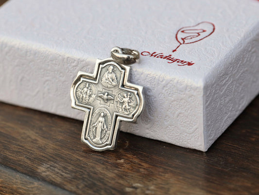 Four way cross, five way cross, sterling silver 925 sterling silver cross, cross with Scared Heart Holy Spirit Virgin Mary St Christopher