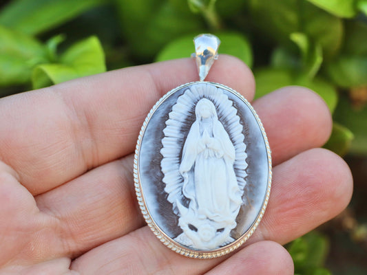 Medaille Unserer Lieben Frau von Guadalupe, Kamee-Medaille aus Guadalupe-Sterlingsilber, italienischer Kamee-Anhänger, Kamee von Torre del Greco, Kamee-Anhänger Unserer Lieben Frau von Guadalupe