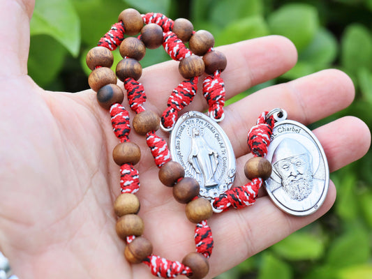 Saint Charbel rosary, St Charbel chaplet, wooden rosary beads, paracord rosary, handmade rosary, red cord chaplet rosary, gift for mum