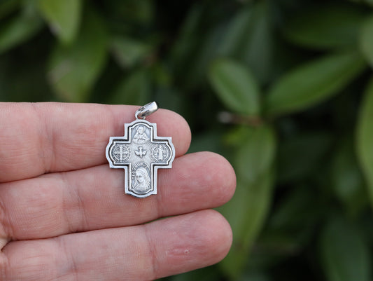 Four way cross, 4 way sterling silver cross, five way cross, Medjugorje cross, cross with St Benedict medal, Our Lady cross, Holy Spirit