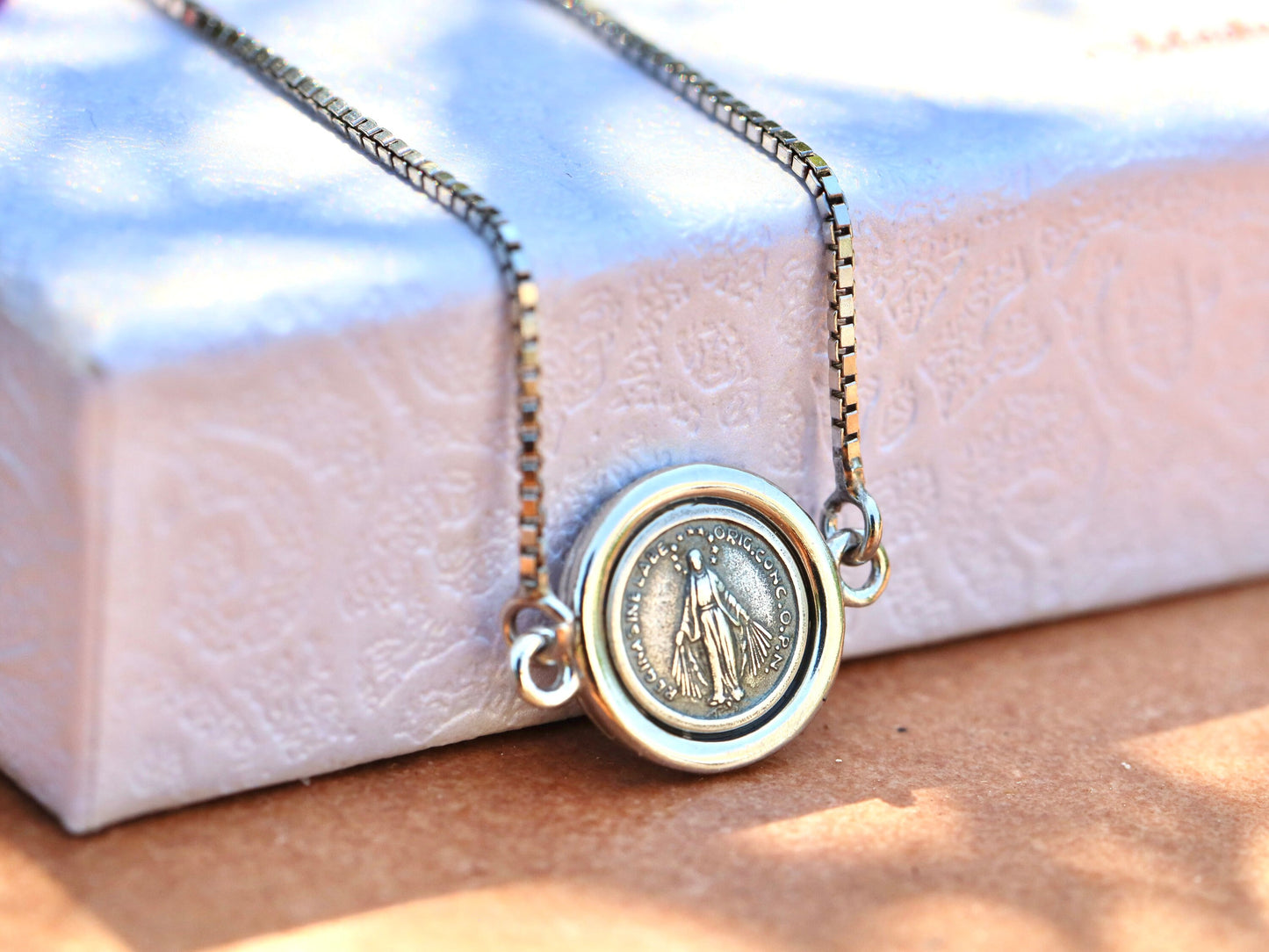 Miraculous Medal,sterling silver 925, Our Lady necklace with box chain, miniature Miraculous Medal necklace,dainty necklace for teenage girl