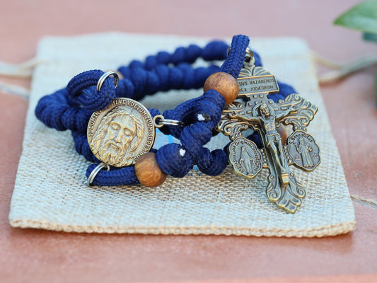 Pardon crucifix rosary, paracord rosary,hand knitted rosary,Most Holy face rosary,Jesus Face rosary, gift for man, navy blue paracord rosary