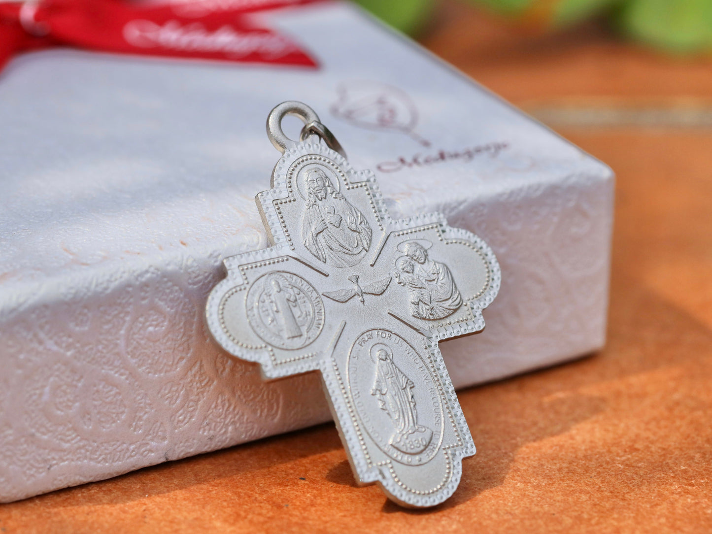 Four way cross, medium size scapular cross, four way cross for man, sterling silver four way scapular cross, cross with different saints