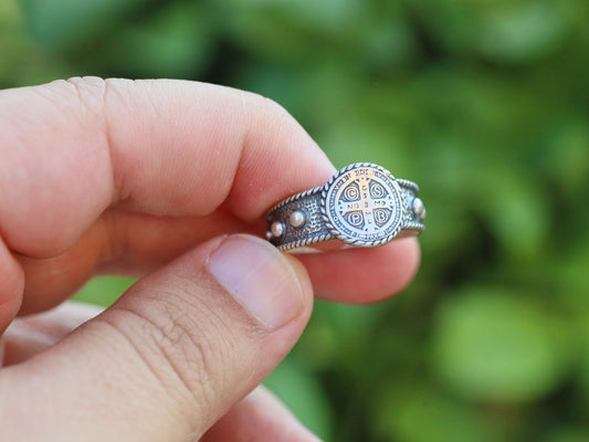 Saint Benedict ring, rosary ring, sterling silver rosary, ring for man , cross ring, gift for catholic , vintage rosary ring, antique silver