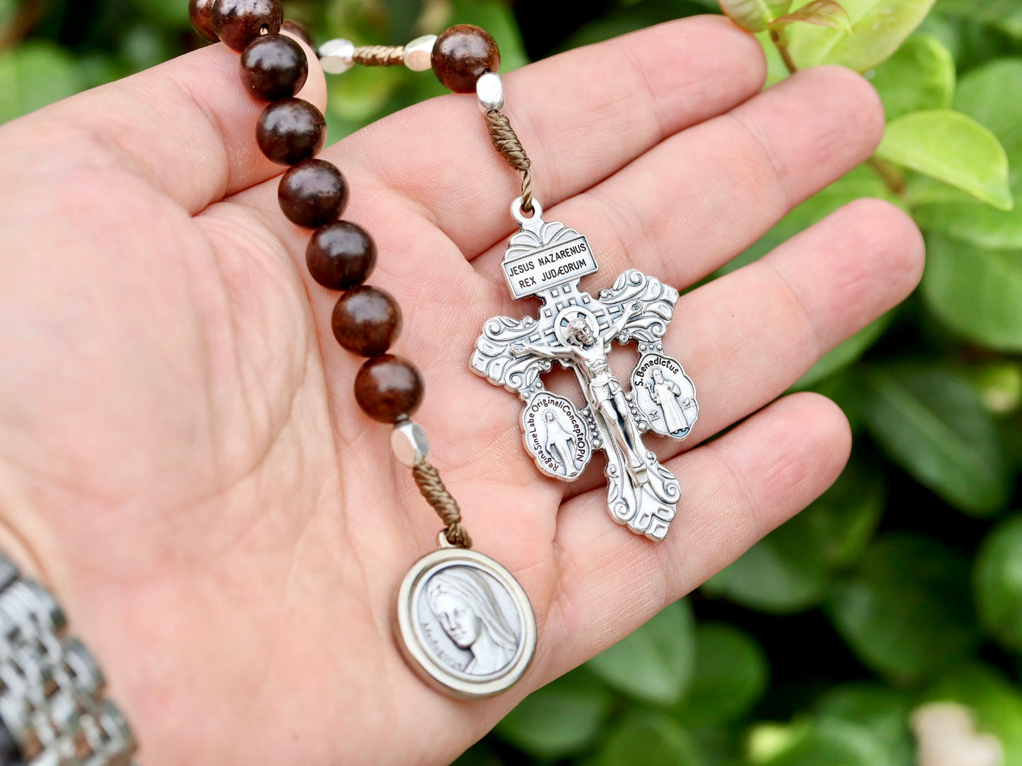 Pardon cross rosary, one decade rosary, pocket Rosary with St Benedict and Miraculous Medal, wooden decade rosary, indulgence cross rosary