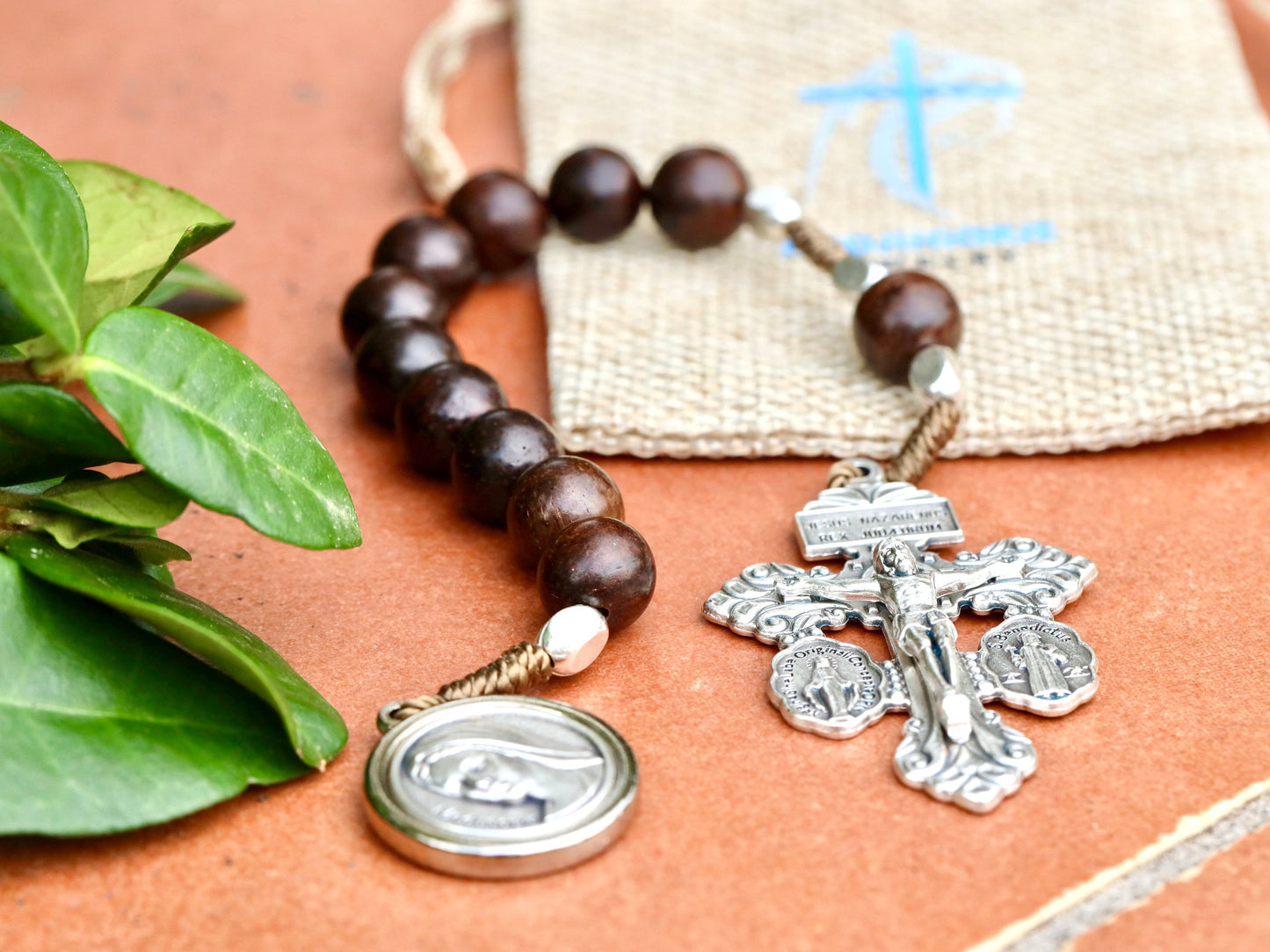 Pardon cross rosary, one decade rosary, pocket Rosary with St Benedict and Miraculous Medal, wooden decade rosary, indulgence cross rosary