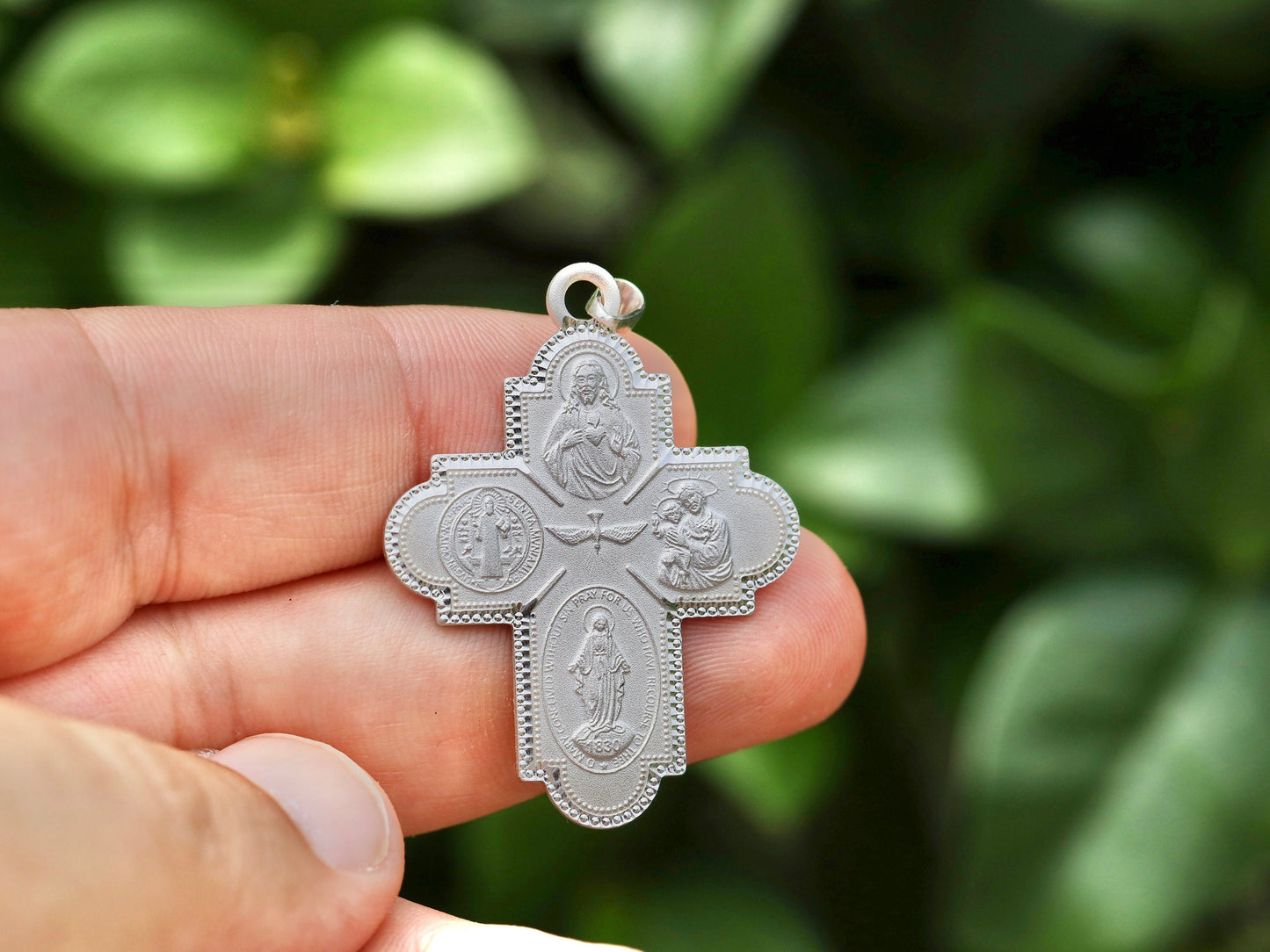 Four way cross, medium size scapular cross, four way cross for man, sterling silver four way scapular cross, cross with different saints