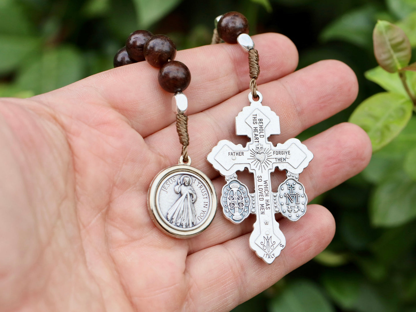 Pardon cross rosary, one decade rosary, pocket Rosary with St Benedict and Miraculous Medal, wooden decade rosary, indulgence cross rosary