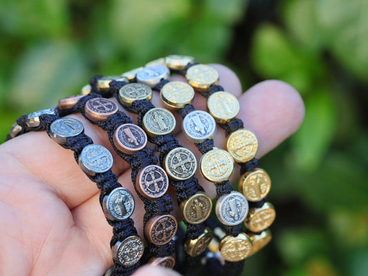 Saint Benedict bracelet, Hand made Saint Benedict bracelet with cord,  St Benedict rosary bracelet ,St Benedict medal, Bracelet for man