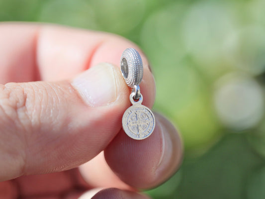 Saint Benedict sterling silver Pandora fit charm, Saint Benedict Pandora pendant, Catholic charm for silver bracelet, cross bracelet  charm