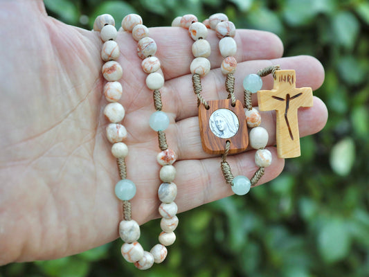 Medjugorje stone rosary, fine polished stone rosary, olive wood centerpiece rosary, Our Lady of Medjugorje rosary, Apparition Hill rosary