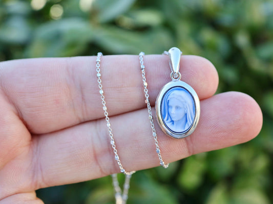 Our Lady pendant, sterling silver 925, cameo style charm for women, Queen of Peace necklace charm, blue cameo medal, Our Lady blue pendant