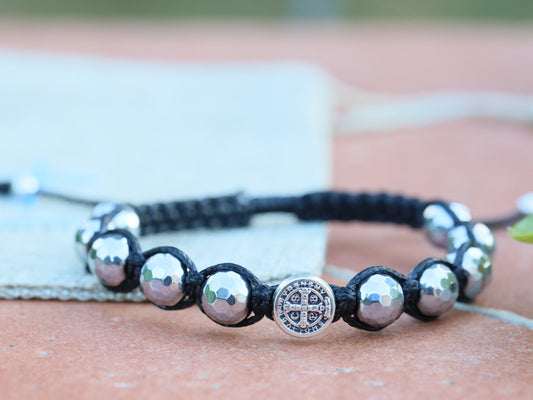 St Benedict bracelet, rosary bracelet, adjustable size rosary bracelet, silver disco ball faced hematite, rosary protection bracelet for man