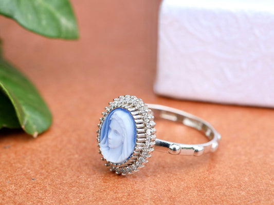 Rosary ring, Queen of Peace ring, Virgin Mary ring, sterling silver rosary, signet ring, birthday gift, Medjugorje cameo ring, blue agate