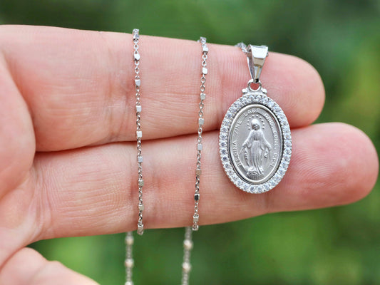 Miraculous Medal for women, sterling silver 925, high detailed medal, clear cubic zirconium medal,fine jewelry Our Lady of Grace medal