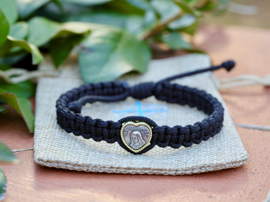 Pulsera resistente con dije de Nuestra Señora, pulsera estilo macramé con Reina de la Paz, pulsera de plata de ley 925 para mujer, pulsera de cordón negro