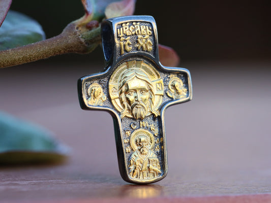 Kreuz des Allerheiligsten Antlitzes, Jesus Christus-Gesichtskreuz, Gold Sterling Silber 925, byzantinisches Kreuz, St. Nikolaus, Johannes der Täufer, Ikonenkreuz für den Menschen