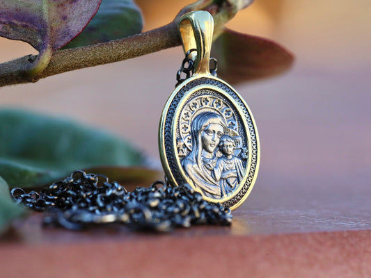 Our Lady with Baby Jesus medal, Byzantine style icon medal, sterling silver gold plated, pendant for women, baroque style miter of god medal