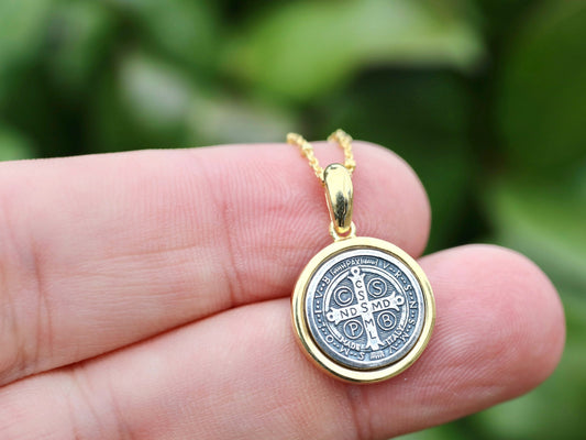 St Benedict pendant, sterling silver 925 medallion for women, gold plated cross pendant, two tone St Benedict of Nursia medal, round medal