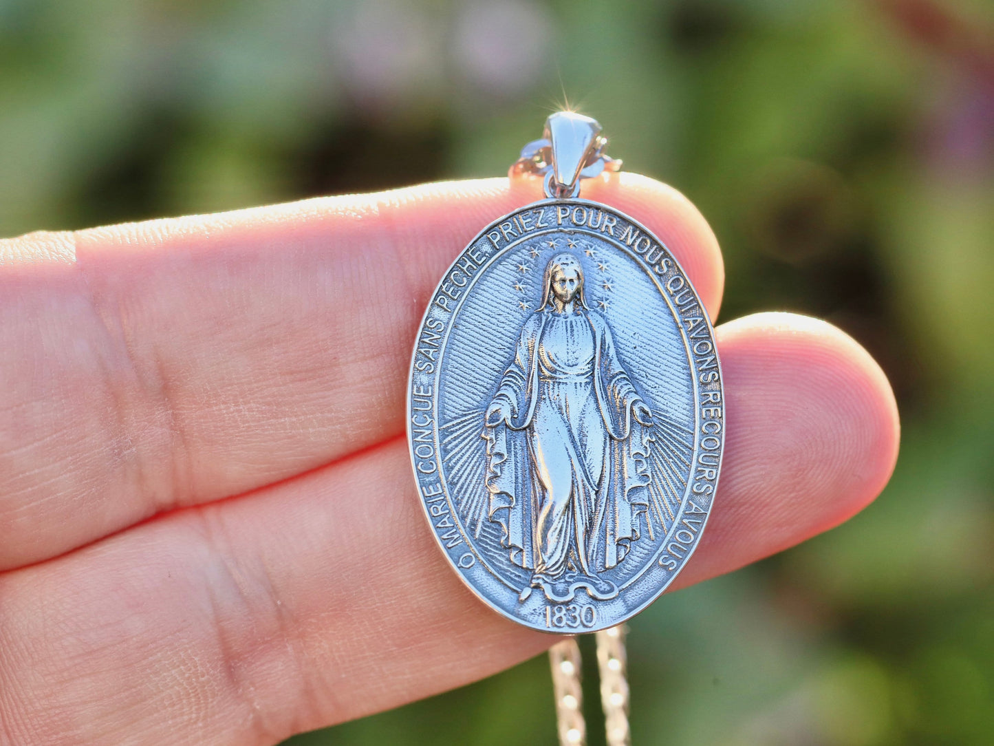 Large Miraculous Medal, sterling silver 925 medal, Our Lady of Grace medal, vintage looking medal for man, devotional catholic medal