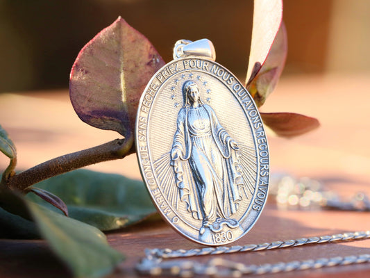 Large Miraculous Medal, sterling silver 925 medal, Our Lady of Grace medal, vintage looking medal for man, devotional catholic medal